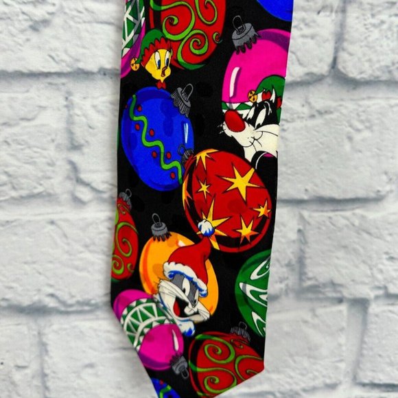 Vintage Looney Tunes Mania Silk Tie Mens 1994 Christmas Ornaments Bugs Bunny - Picture 2 of 4
